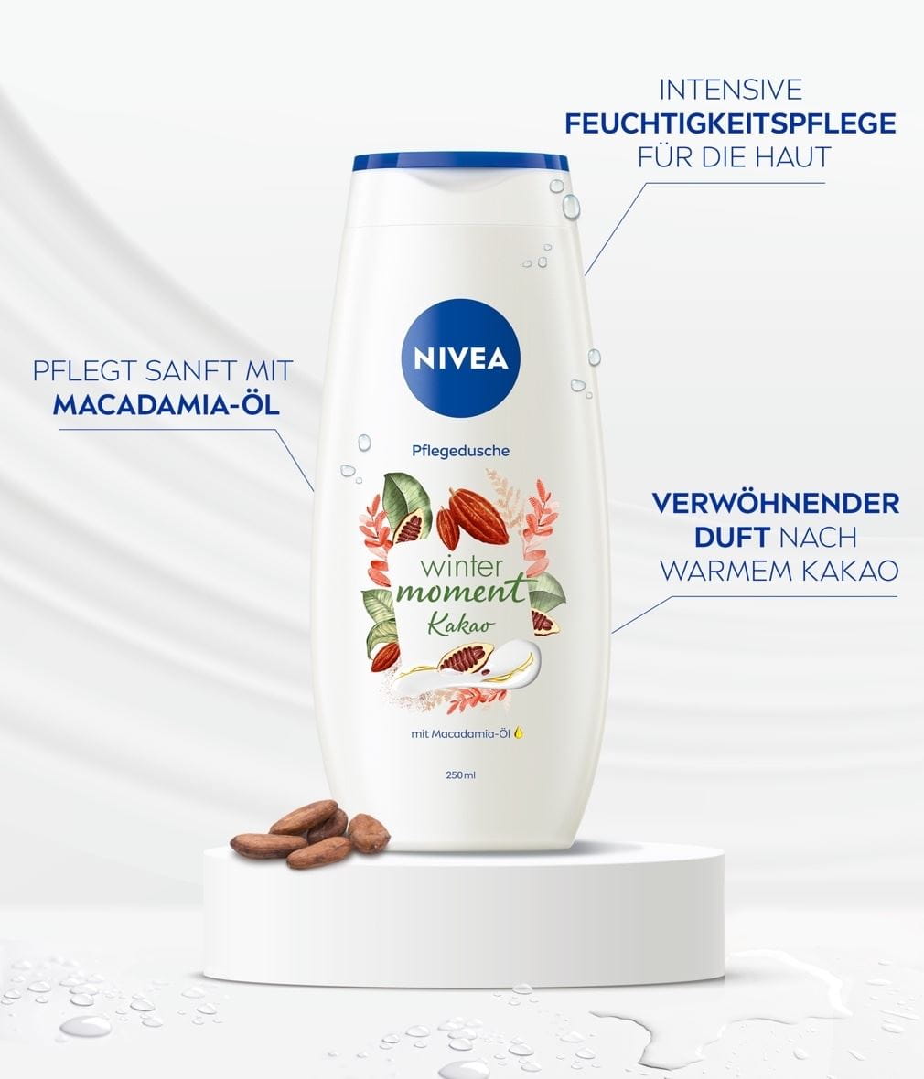 NIVEA Pflegedusche Winter Moment Kakao Macadamia Oel Produktabbildung mit Benefits