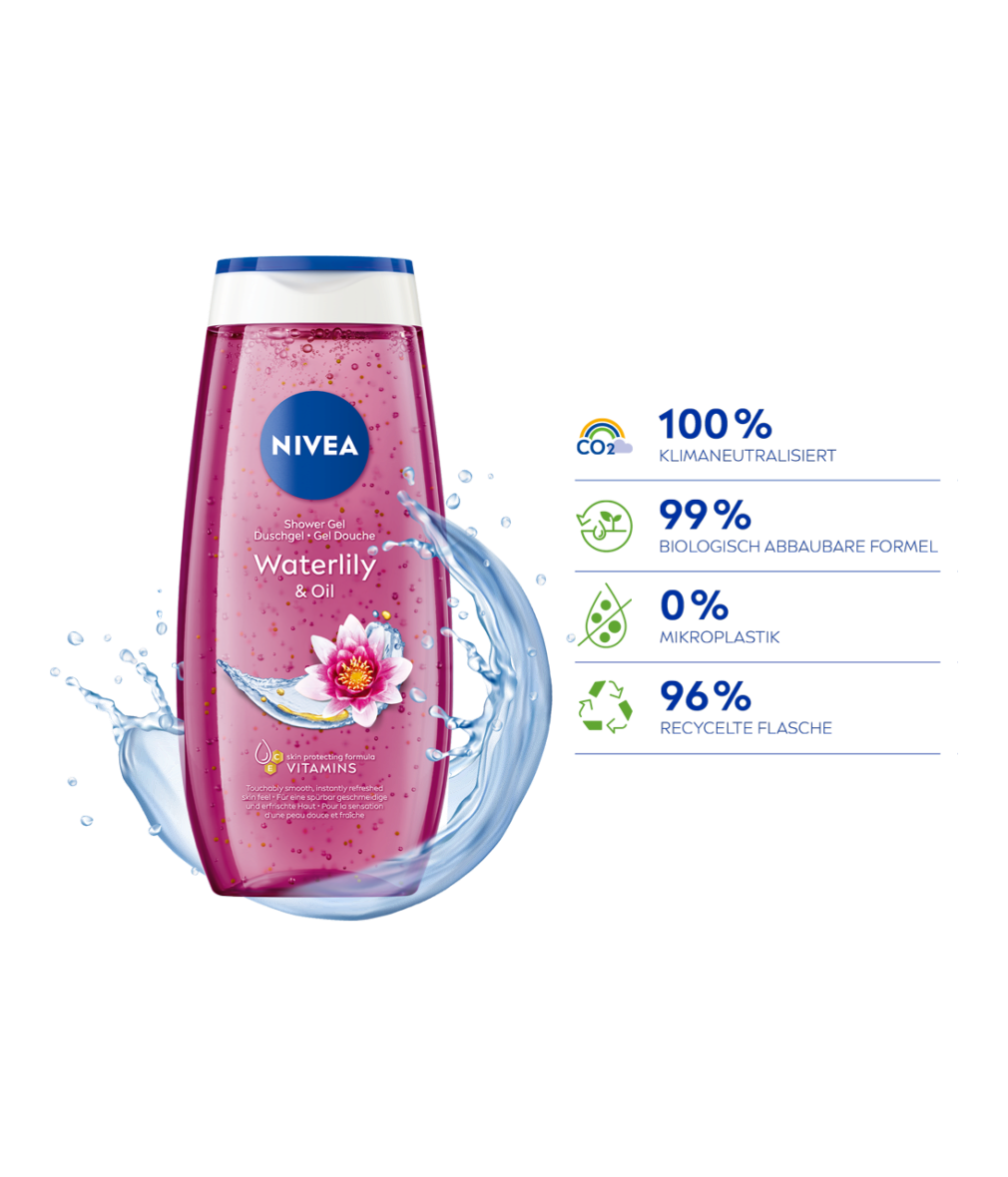 NIVEA Duschgel Waterlily & Oil Klimagrafik mit Produktabbildung