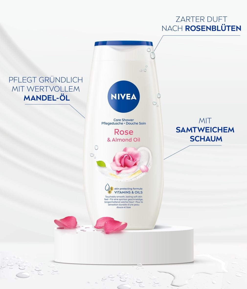 NIVEA Pflegedusche Rose Almond Oil Produktabbildung mit Benefits