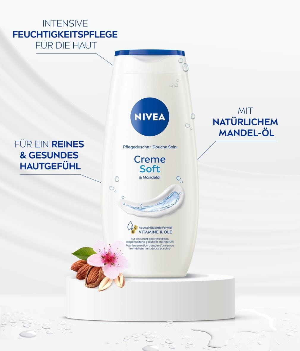 NIVEA Pflegedusche Creme Soft Mandel Oel Produktabbildung mit Benefits