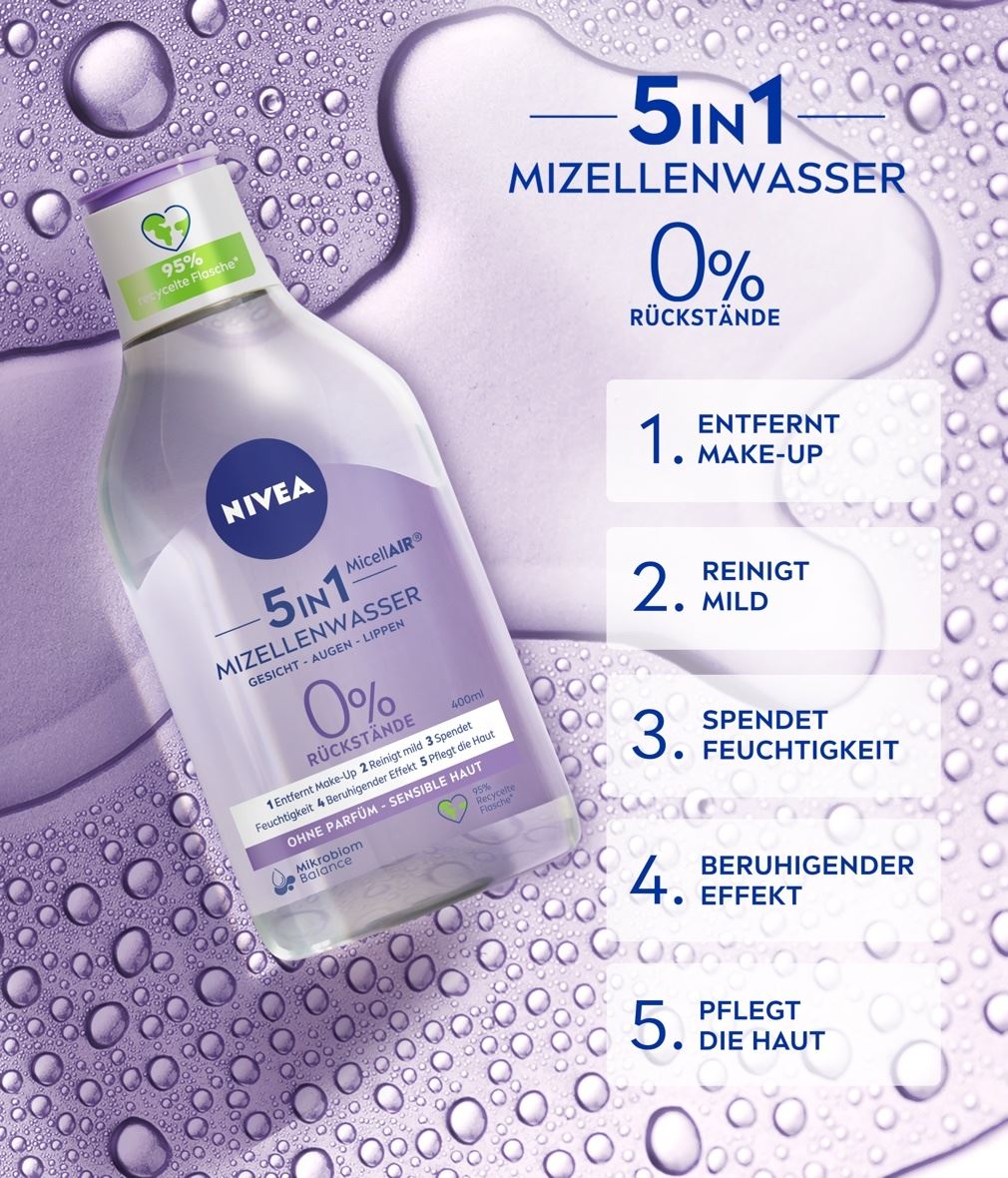 NIVEA Mizellen Reinigungswasser Sensitive 5in1 Produktabbildung mit Benefits