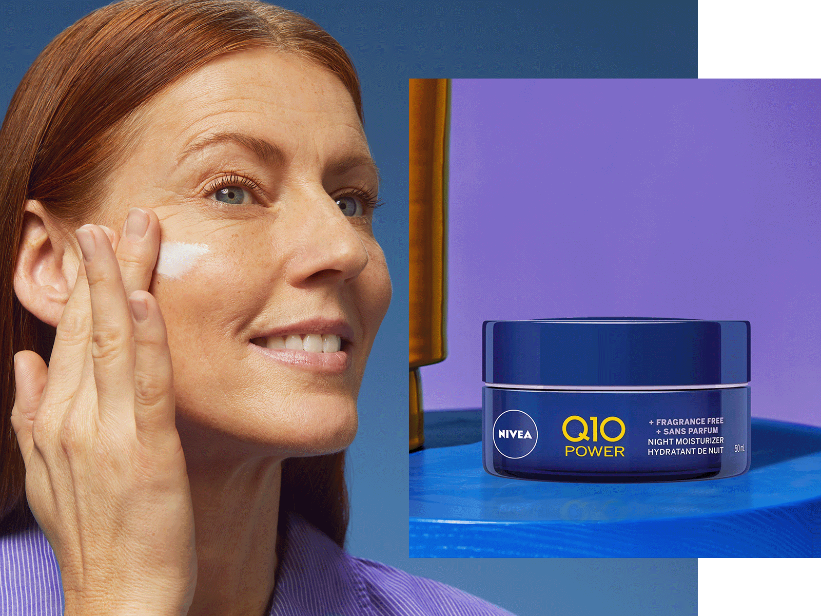 A person seen applying a NIVEA cream product onto their face, next to a NIVEA Q10 Power cream product.