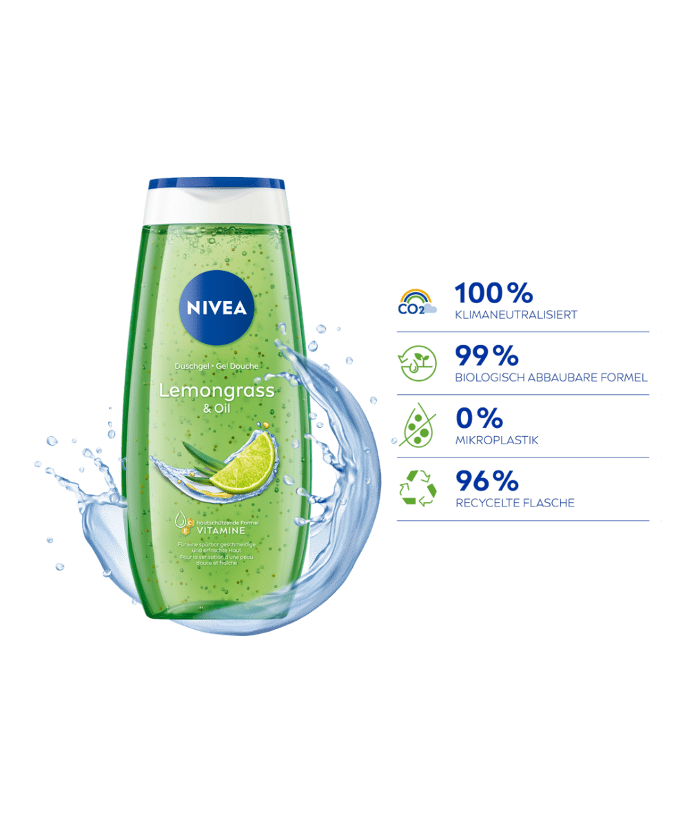 NIVEA Duschgel Lemongrass & Oil Klimagrafik mit Produktabbildung