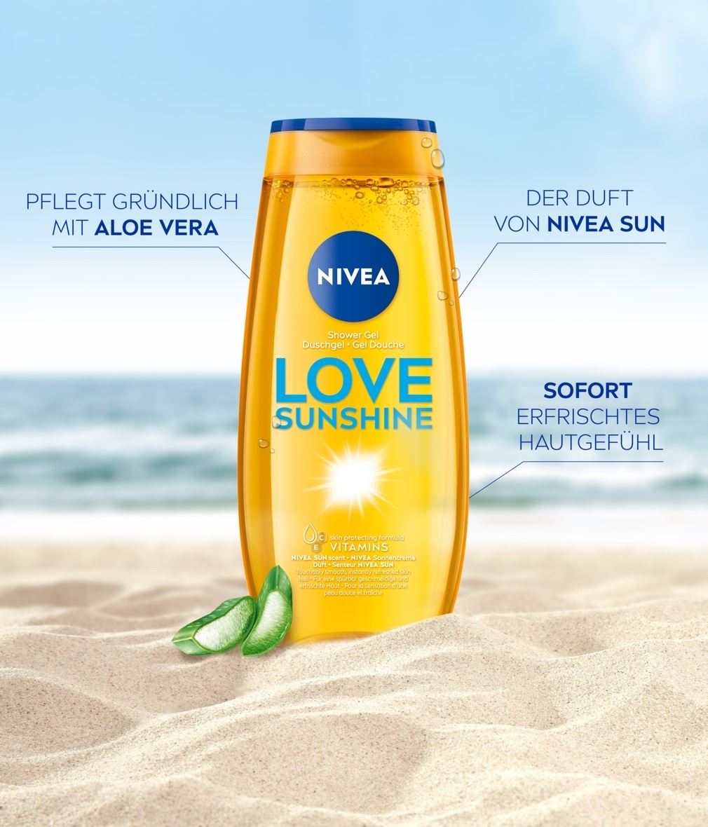 NIVEA Duschgel LOVE Sunshine Produktabbildung mit Benefits