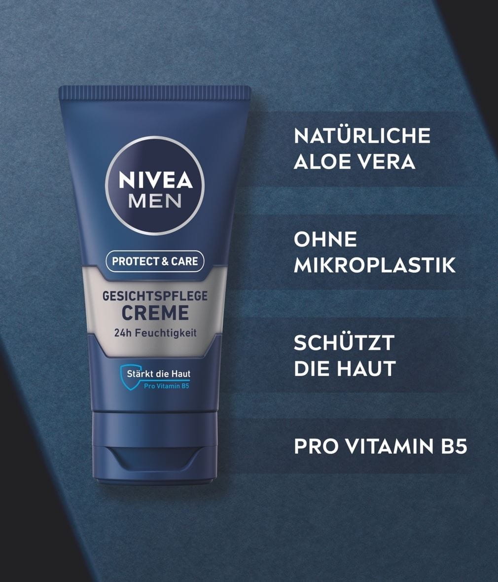 NIVEA MEN Protect & Care Gesichtspflege Creme Produktabbildung mit Benefits