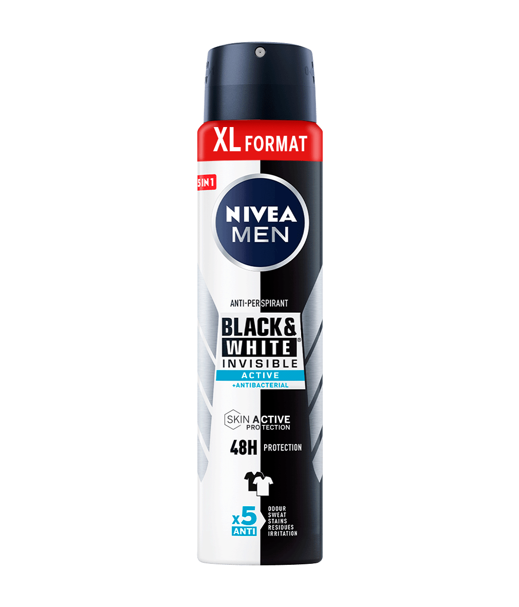 Black & White Invisible Active Spray Desodorante Antitranspirante 250 ml Formato XL | NIVEA MEN