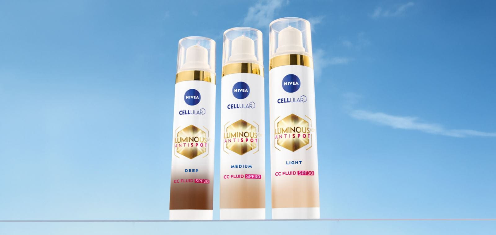 A packshot of 3 different shades of NIVEA's new LUMINOUS630® 3-in-1 CC Fluid