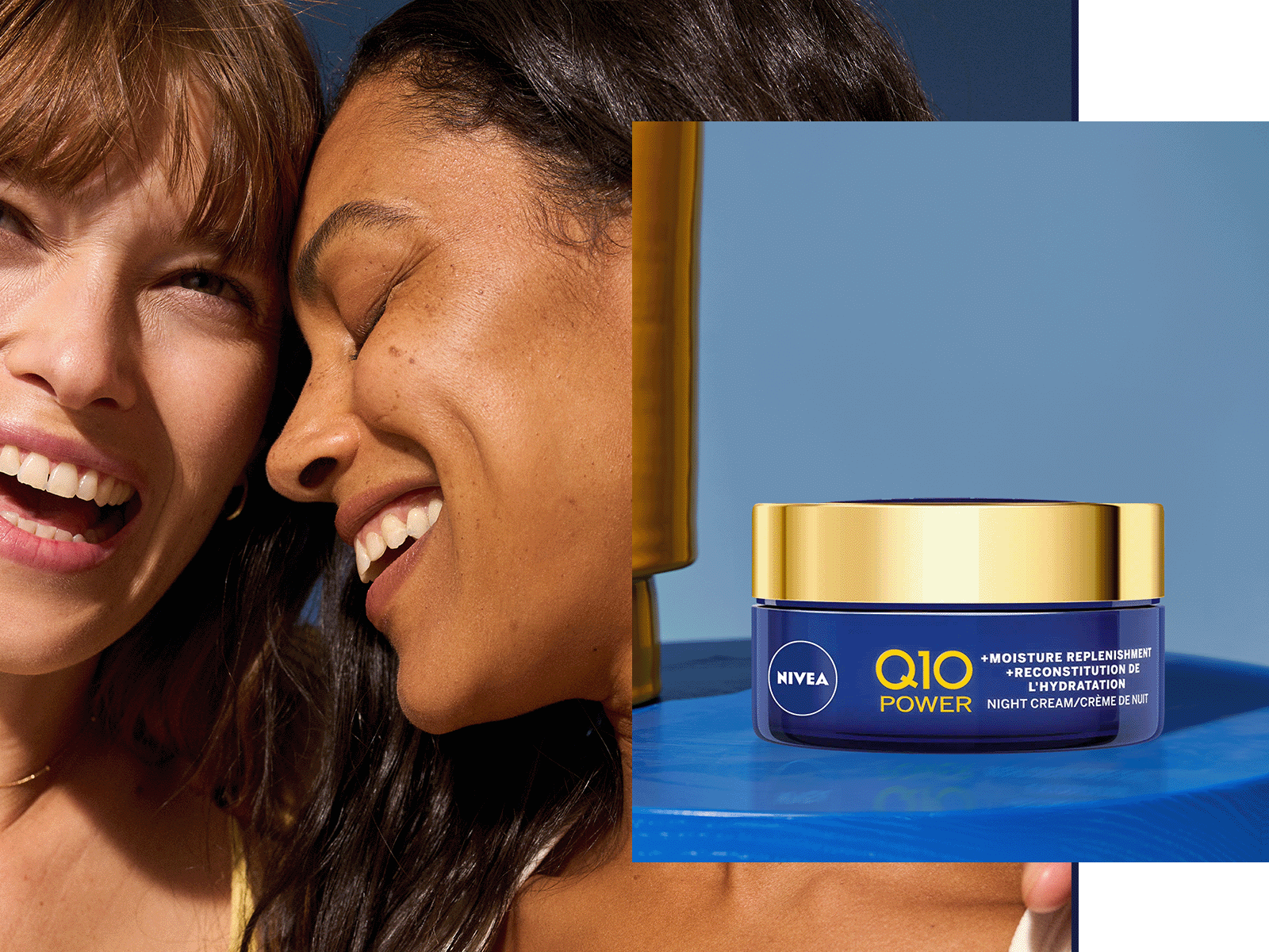 Two people next to each other seen smiling and laughing, beside a NIVEA Q10 Power cream product.