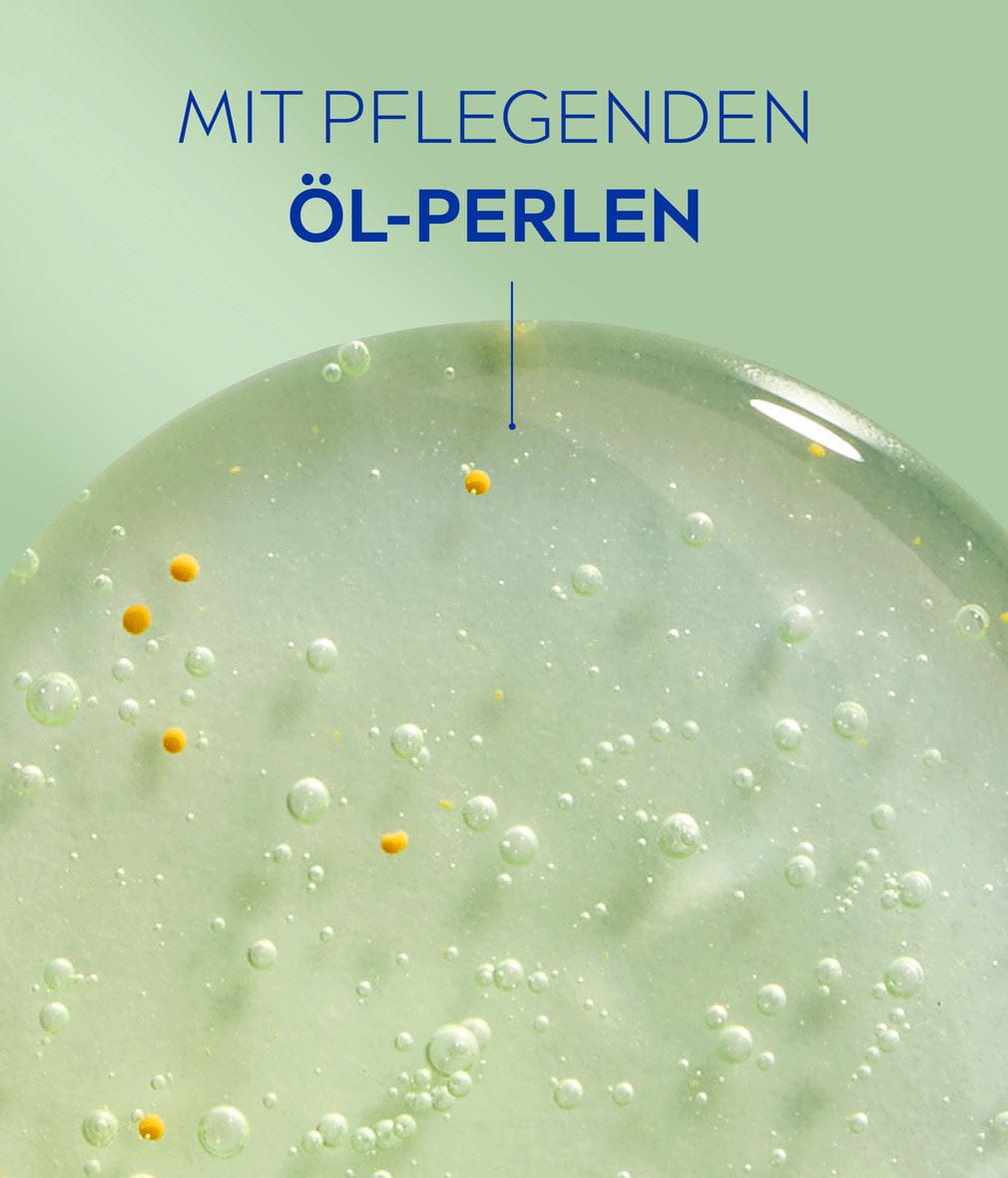 NIVEA Duschgel Lemongrass & Oil mit Vitaminen + Detail mit Inhaltsstoffen und Öl-Perlen