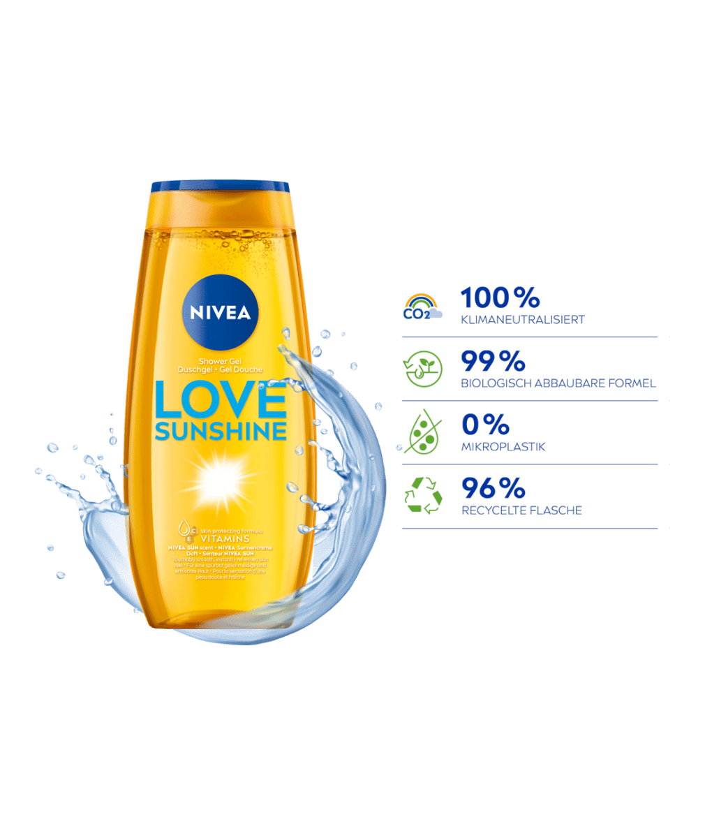 NIVEA Duschgel LOVE Sunshine Klimagrafik mit Produktabbildung