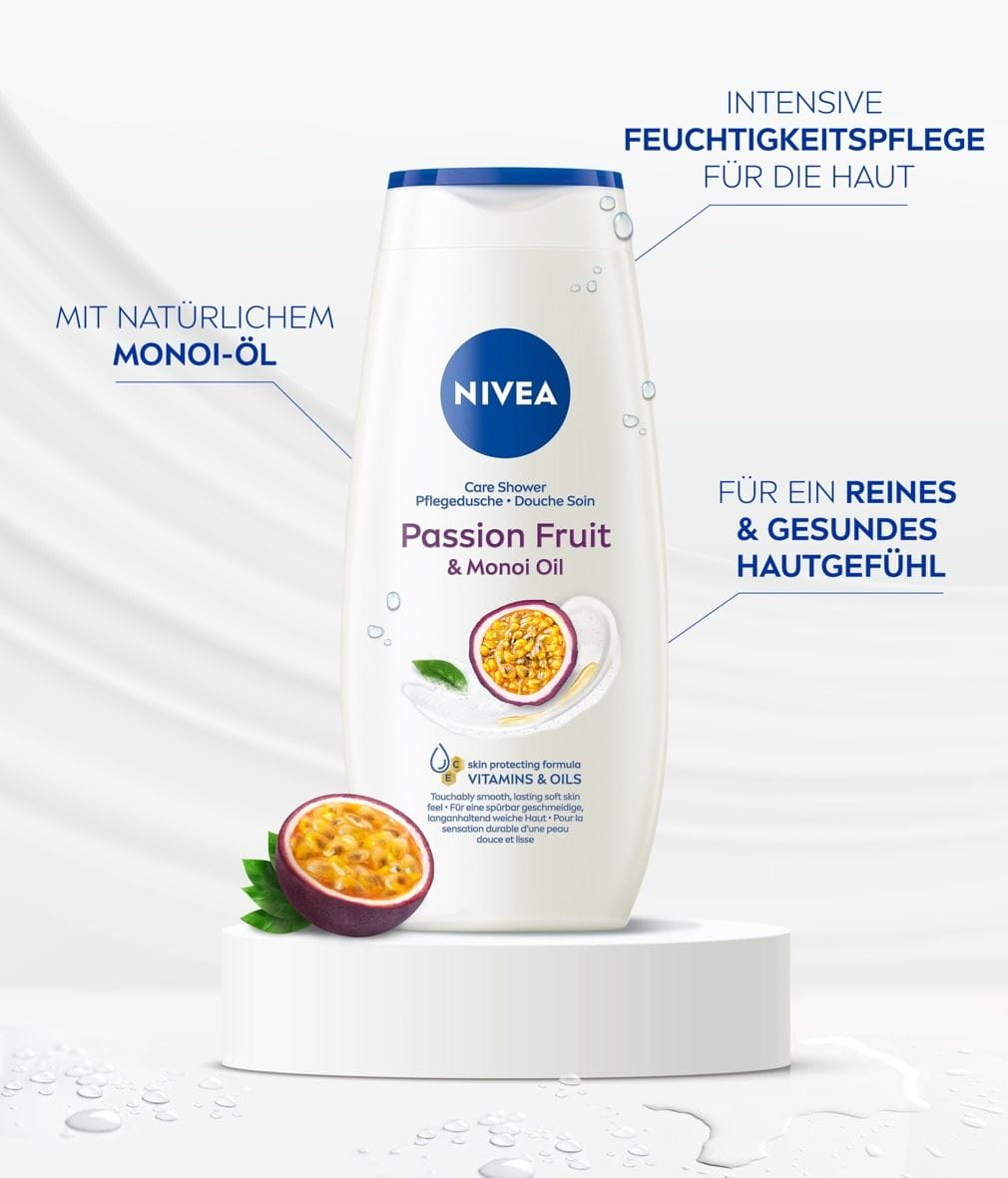 NIVEA Pflegedusche Passion Fruit Monoi Oil Produktabbildung mit Benefits