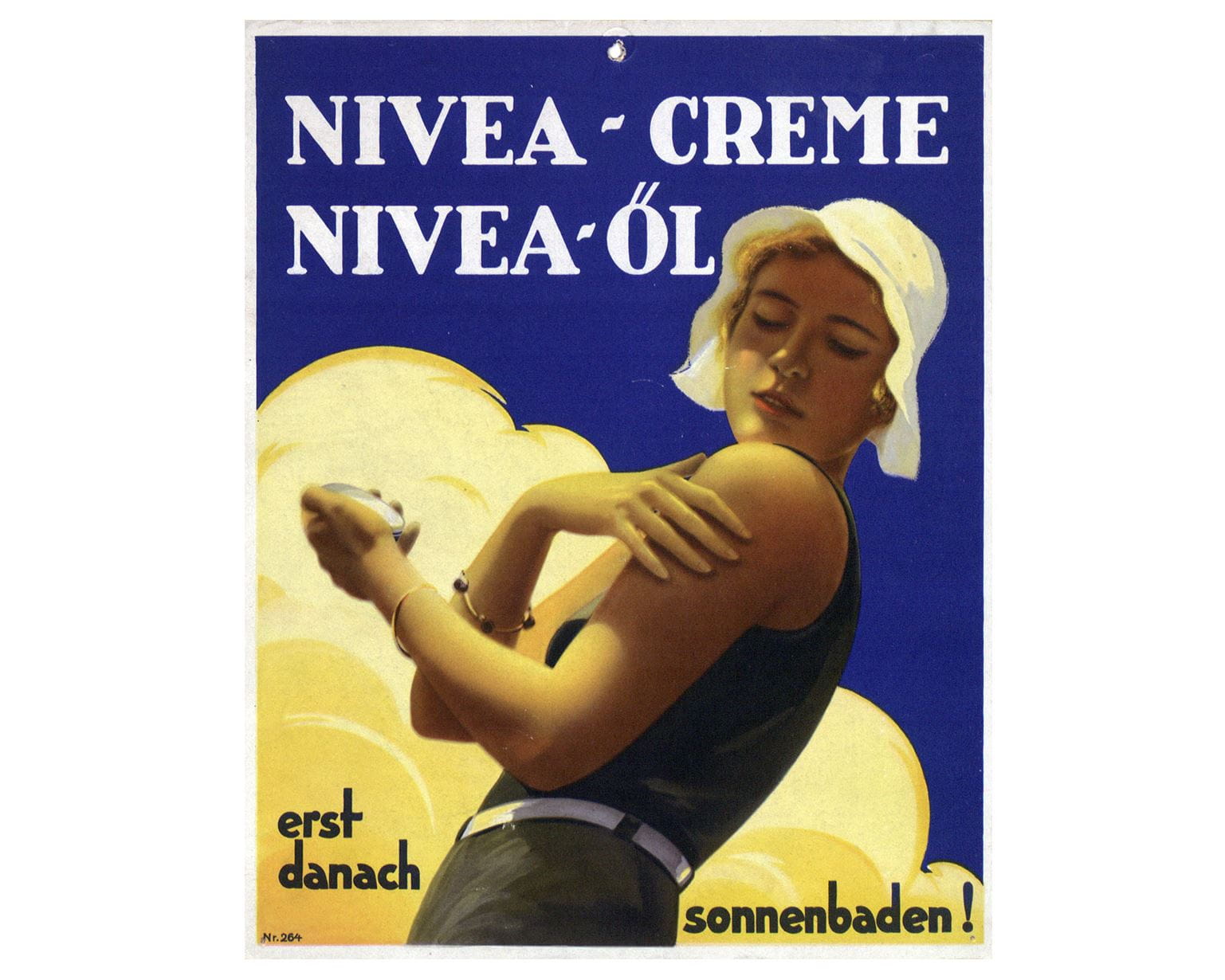 Cartaz publicitário NIVEA para creme e óleo durante a exposição solar de 1931