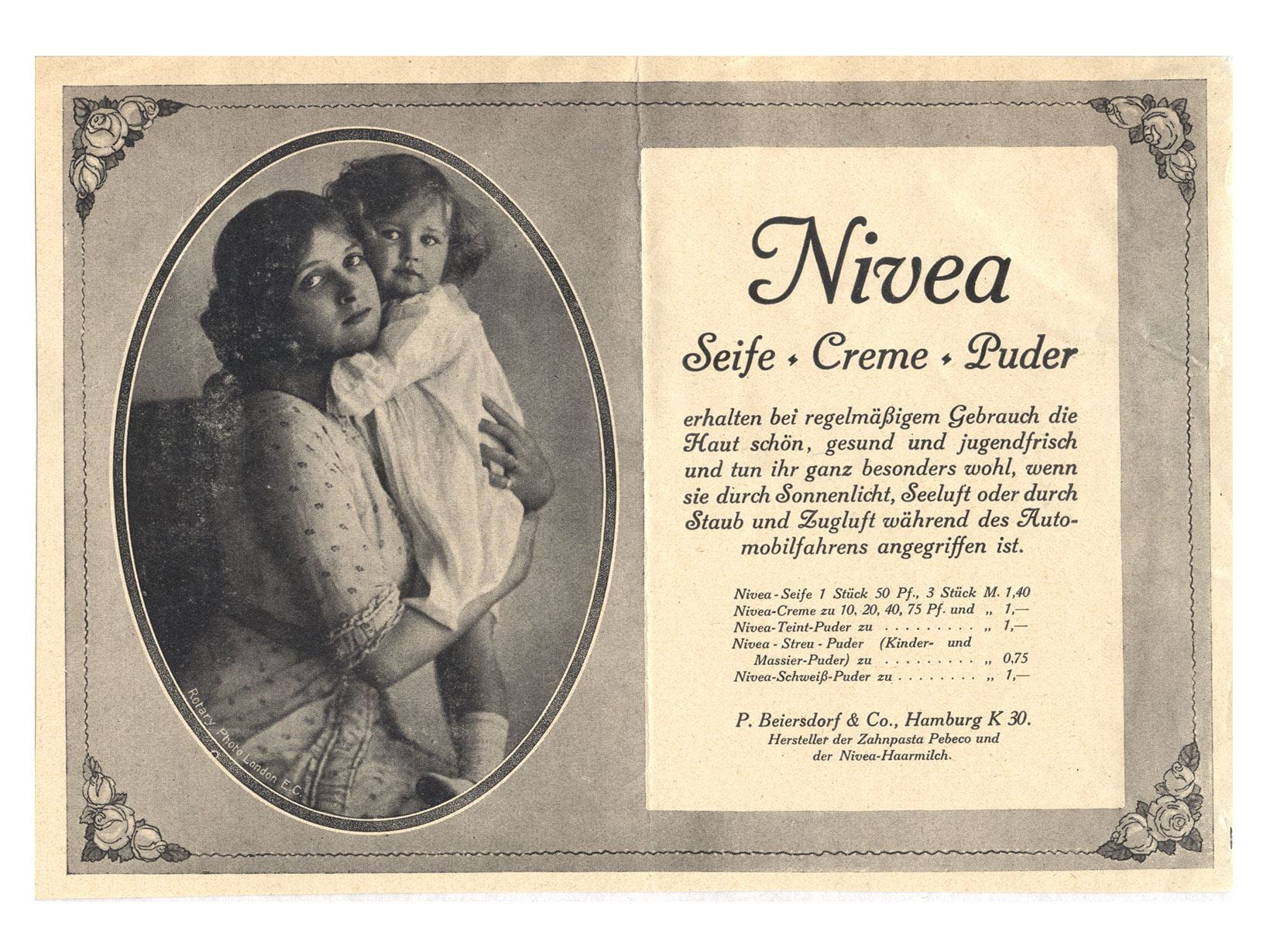 Реклама крема, пудры и мыла NIVEA, 1913 г.