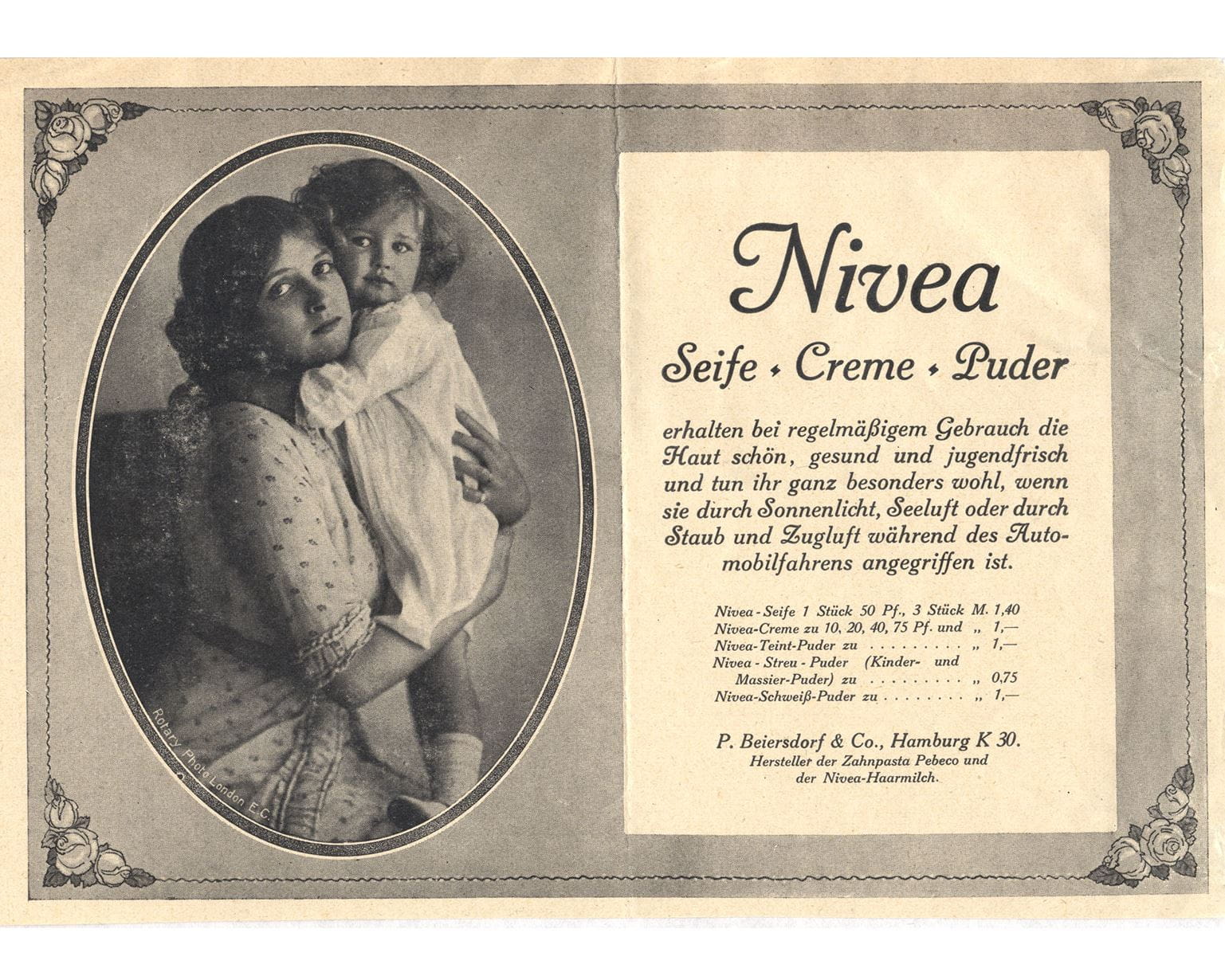 Anúncio para o creme, pó e sabonete NIVEA de 1913