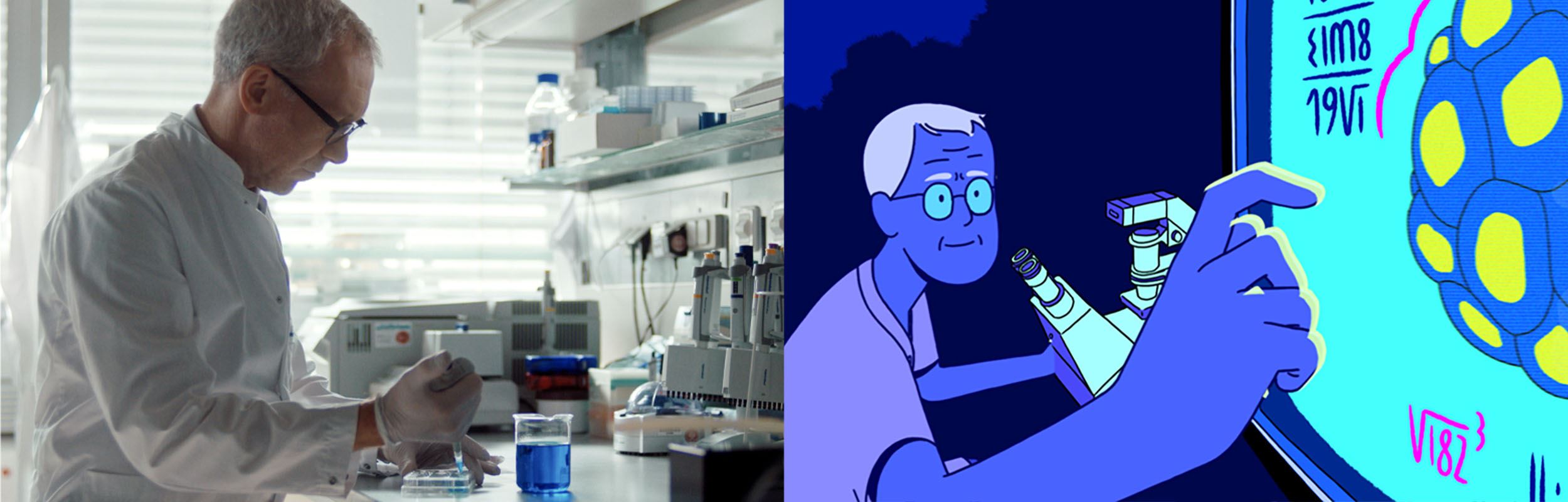 Ένα εικονογραφημένο σκίτσο ενός επιστήμονα της NIVEA, ο οποίος δημιουργεί ένα ειδικό καινοτόμο αντηλιακό για προστασία από το μπλε φως.