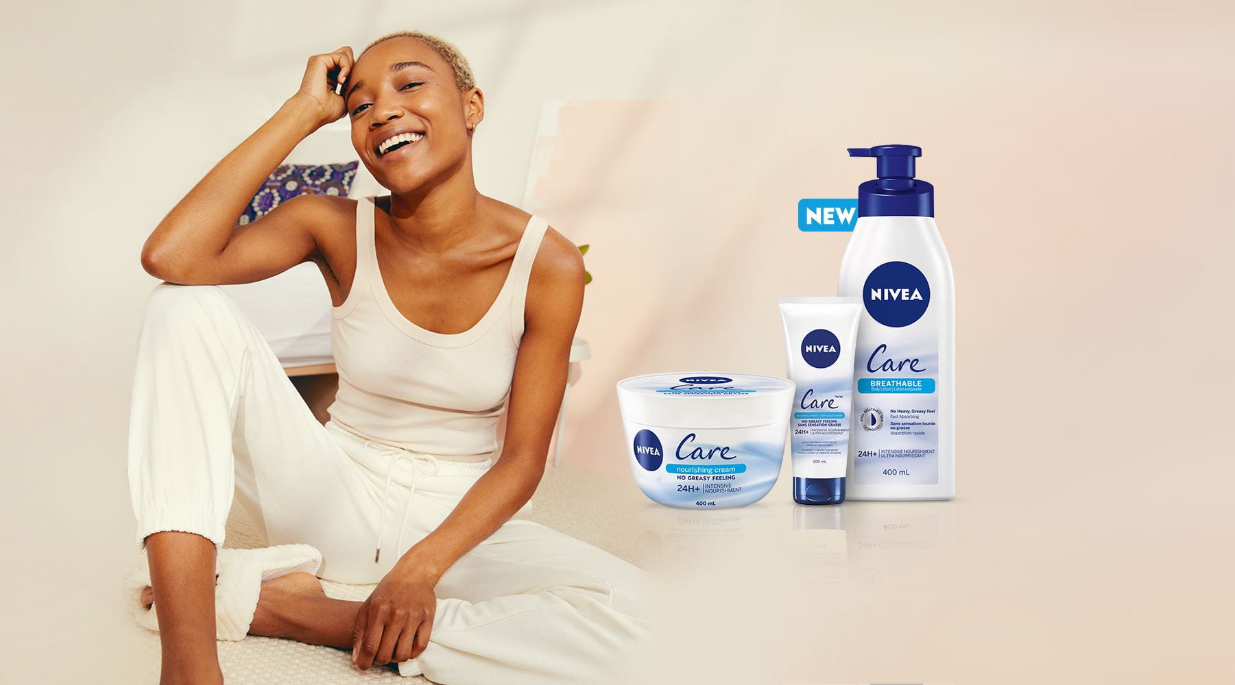 View of three Nivea Care Breathable products with description text and model leaning against blue pillow on a cream background.