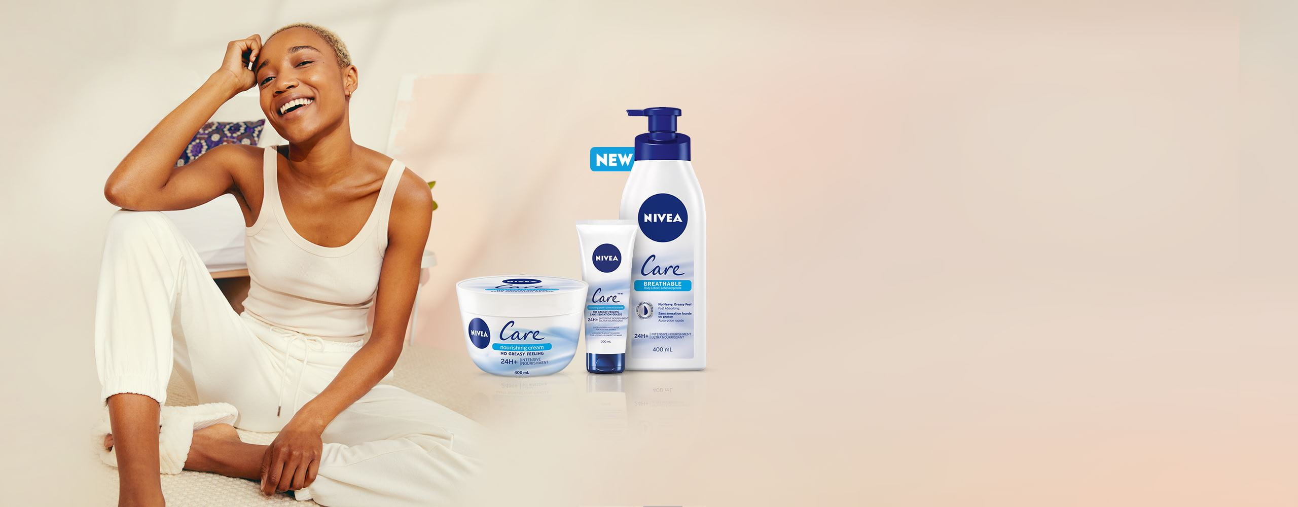 View of three Nivea Care Breathable products with description text and model leaning against blue pillow on a cream background.View of three Nivea Care Breathable products with description text and model leaning against blue pillow on a cream background.