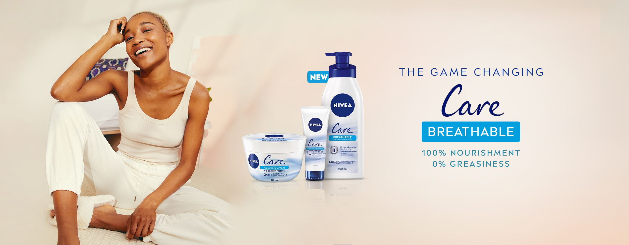 View of three Nivea Care Breathable products with description text and model leaning against blue pillow on a cream background.