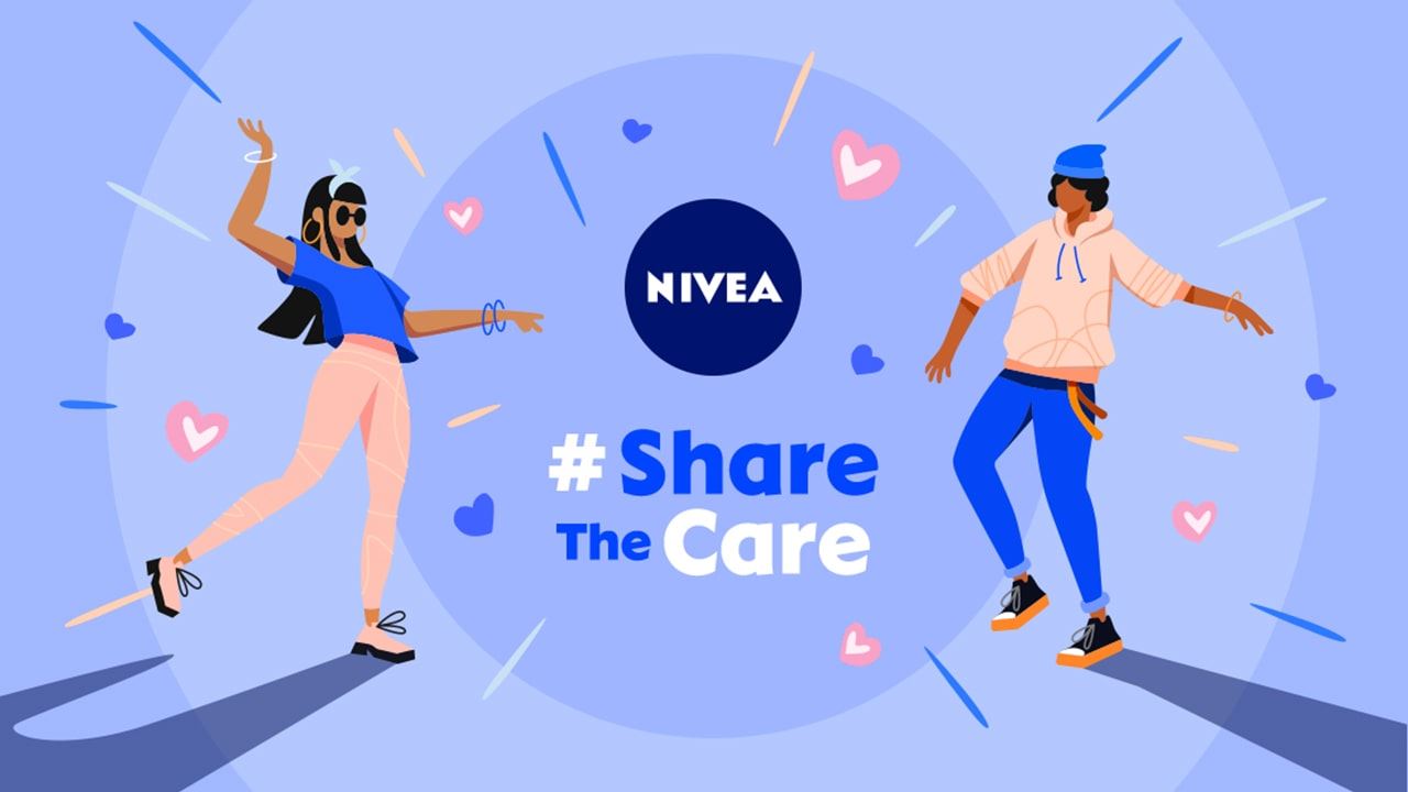 View of NIVEA Share The Care campaign with cartoon models against a blue background with blue and pink hearts.