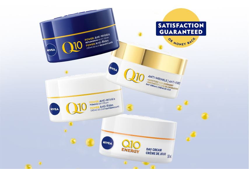 A view of four different Nivea Q10 face products, displayed as a collage, against a light blue gradient background.