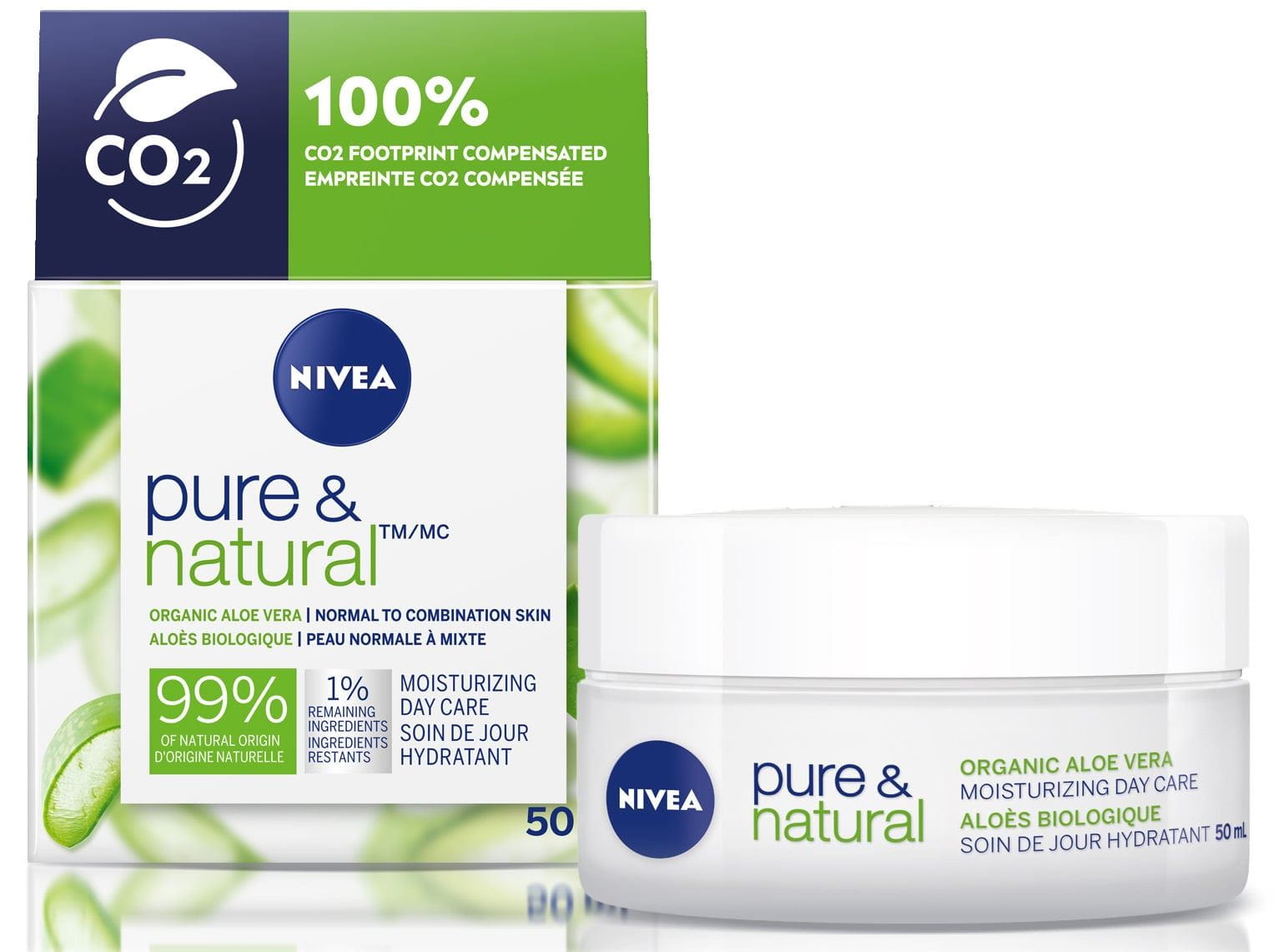 Vue du produit NIVEA Pure & Natural hydratant à l'aloès biologique  avec l'emballage du produit sur un fond blanc.