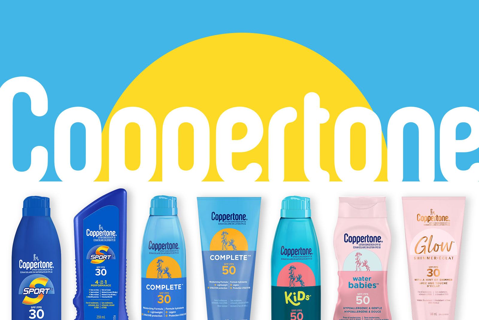 A view of eight Coppertone sunscreen products lined up beside each other against a blue and yellow background with Coppertone text displayed.