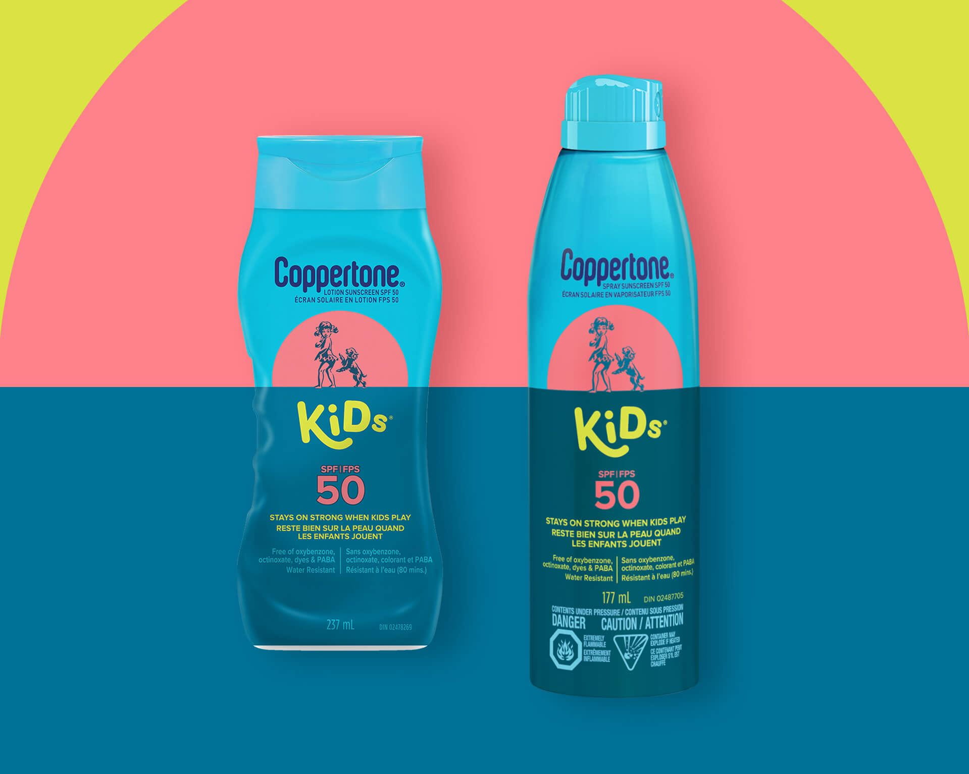 Deux produits Coppertone Kids SPF alignés côte à côte sur un fond tricolore rose, jaune et bleu.