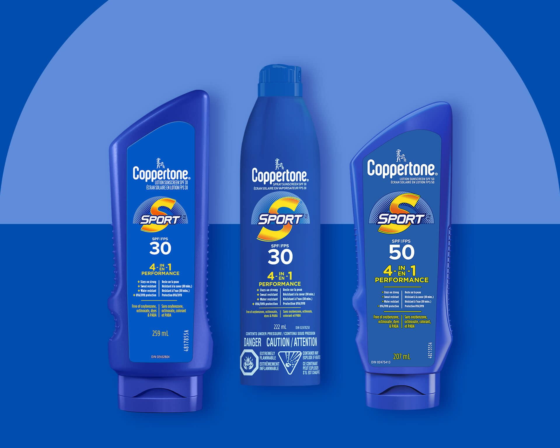 A view of three Coppertone Sport SPF products beside each other against a blue background.