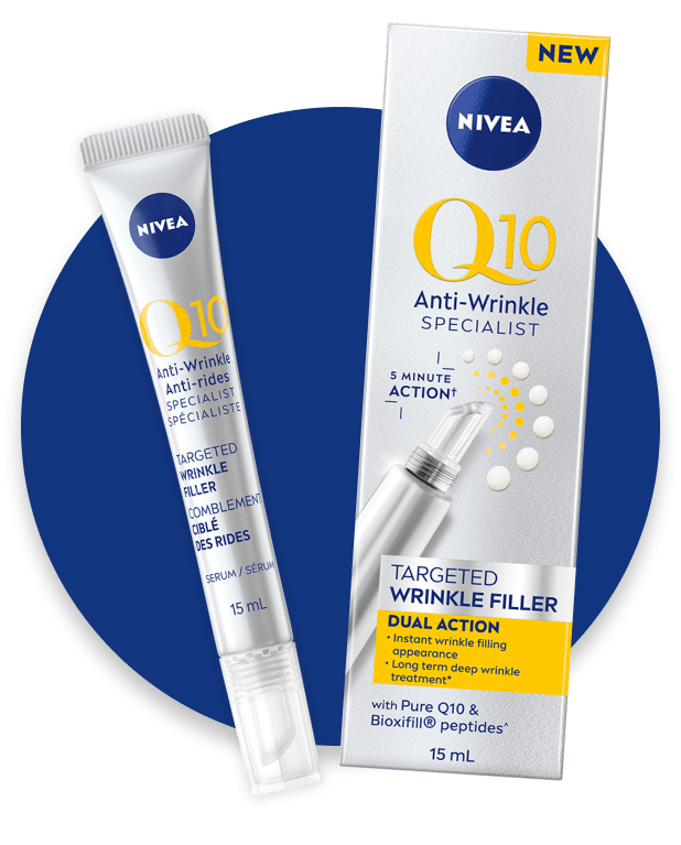 View of Nivea Q10 Anti Wrinkle Specialist targeted wrinkle filler product placed overtop a round blue box.