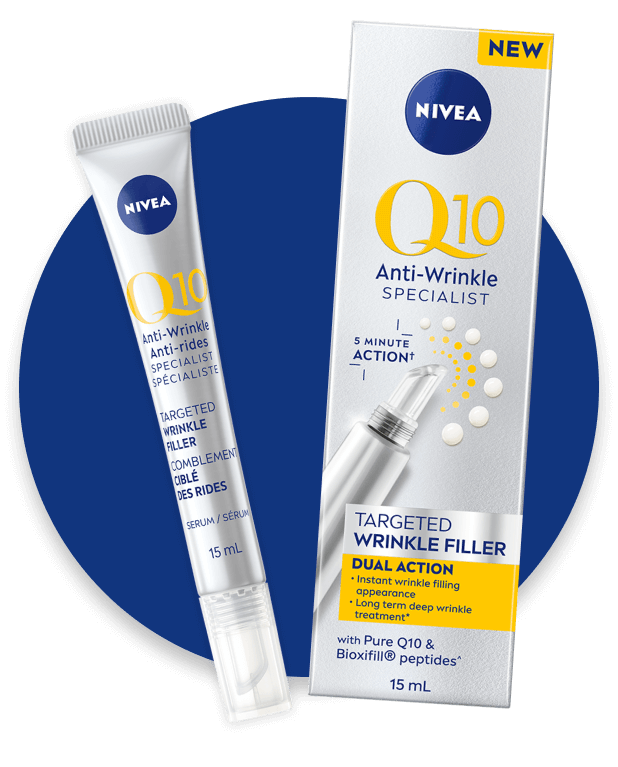 View of Nivea Q10 Anti Wrinkle Specialist targeted wrinkle filler product placed overtop a round blue box.
