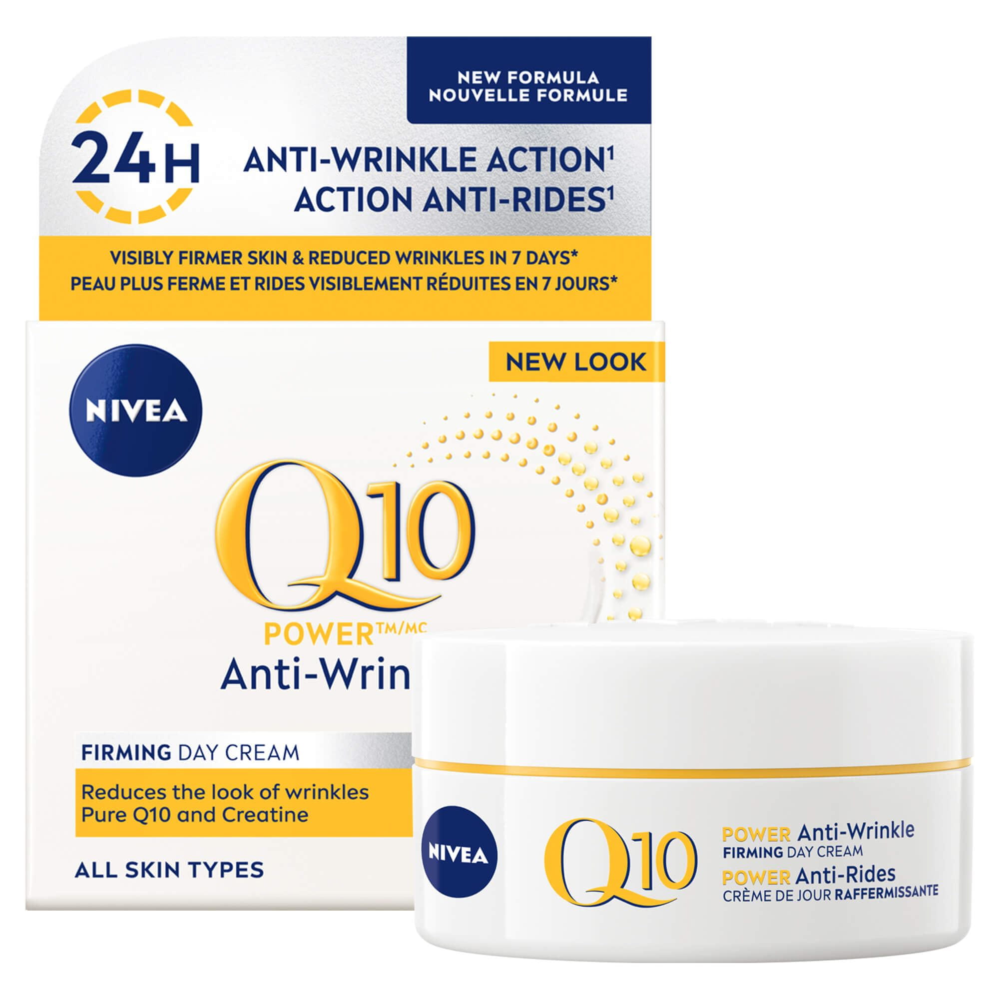 View of the Nivea NIVEA Q10 POWER ANTI-WRINKLE FIRMING DAY CREAM SPF 30 product against a white background with the box shown behind the product.