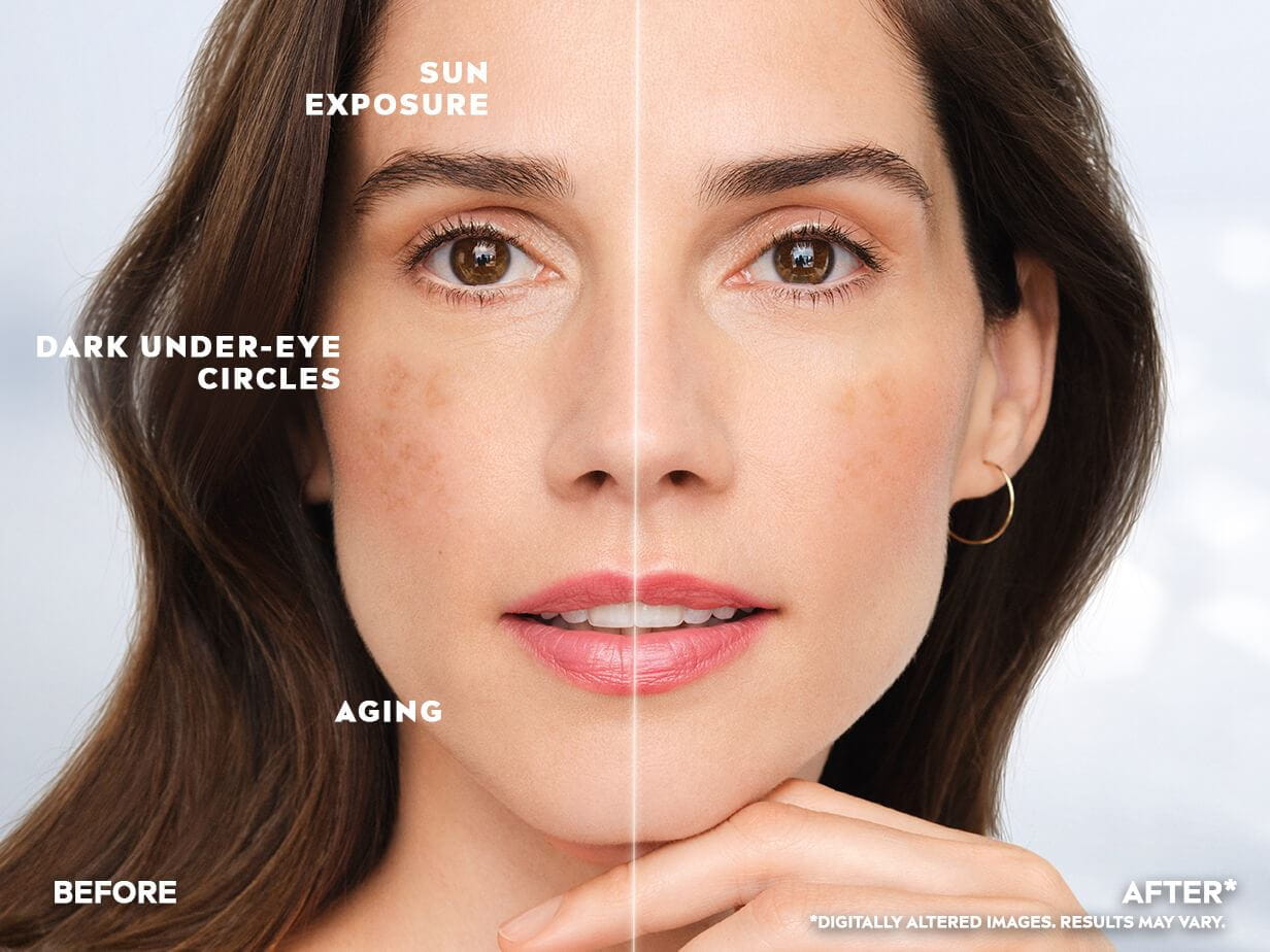 A side by side comparison of a person's skin tone and texture showing before and after results.