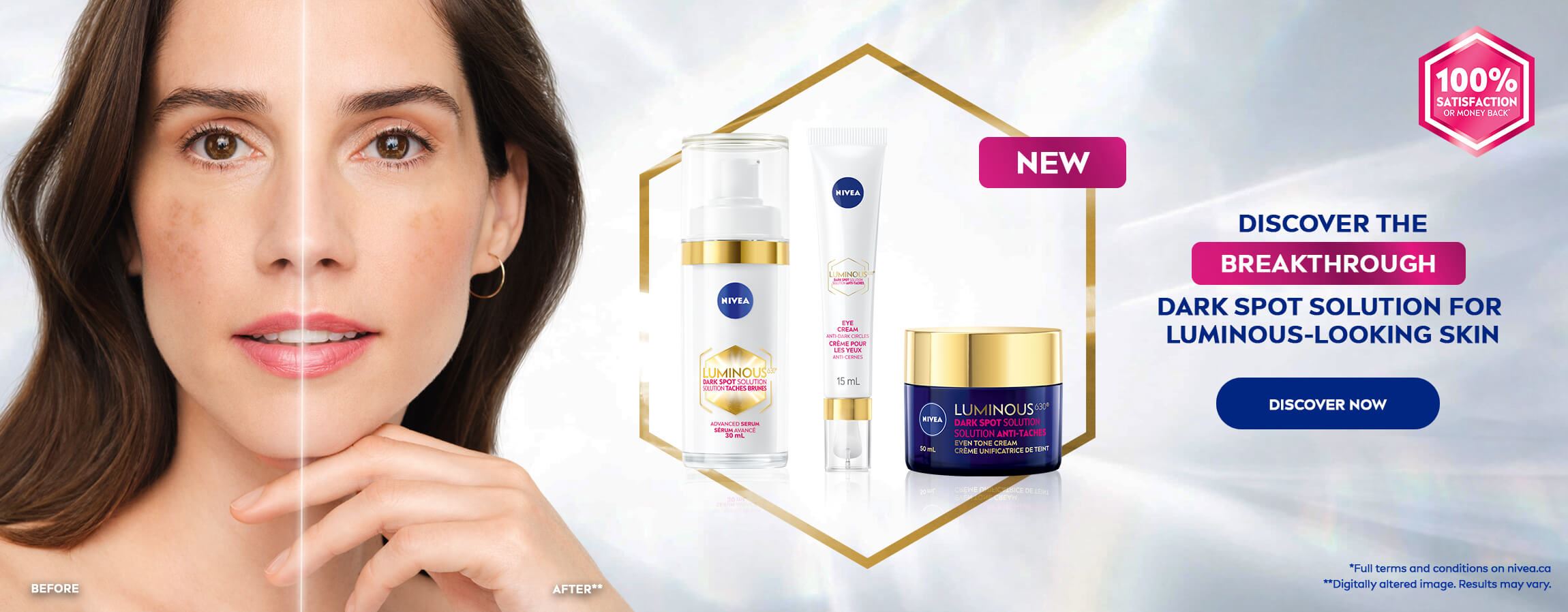 A view of a person facing forward while showing a side by side before and after comparison of their skin tone and texture, with three Nivea Luminous 630 skincare products in the background.