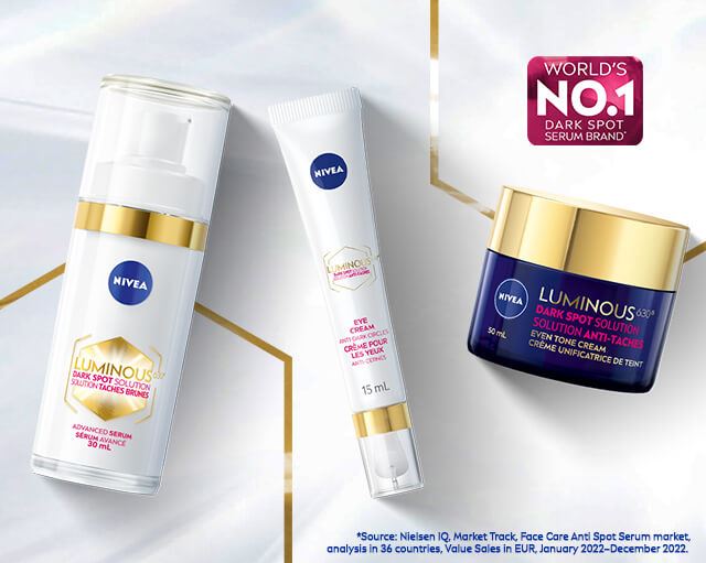 View of three Nivea Luminous 630 skincare products laying flat against a white background.