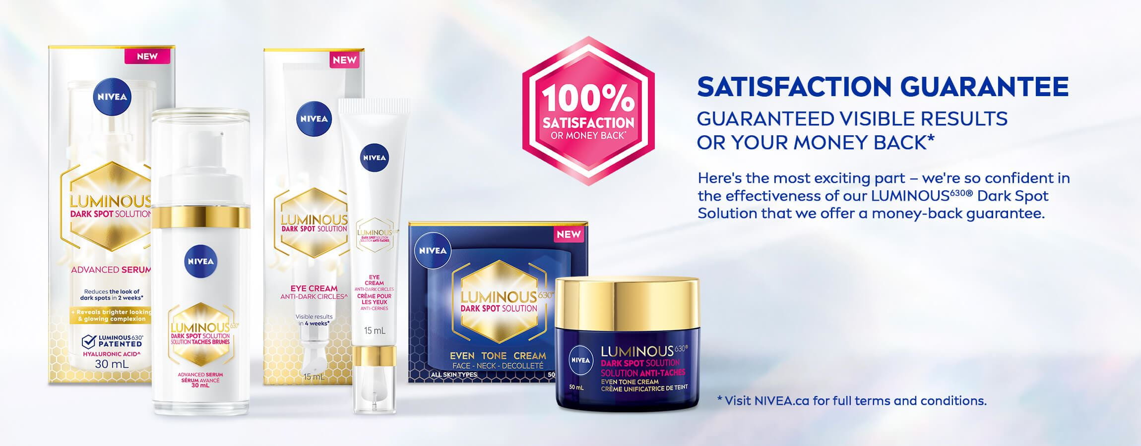 View of three Nivea Luminous 630 skincare products with their corresponding packaging, side by side.