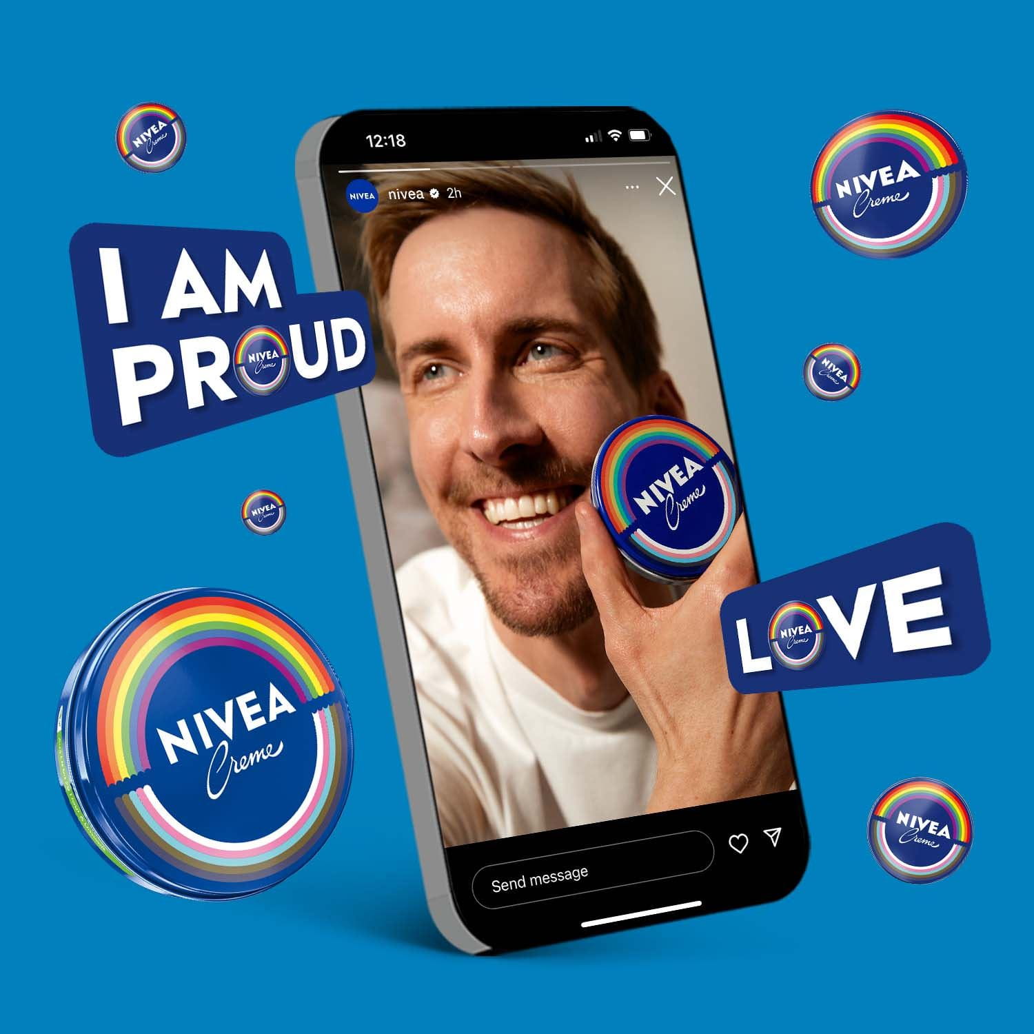 A smartphone shown with a person holding a Pride Limited Edition NIVEA Creme product seen on the screen against a blue background.