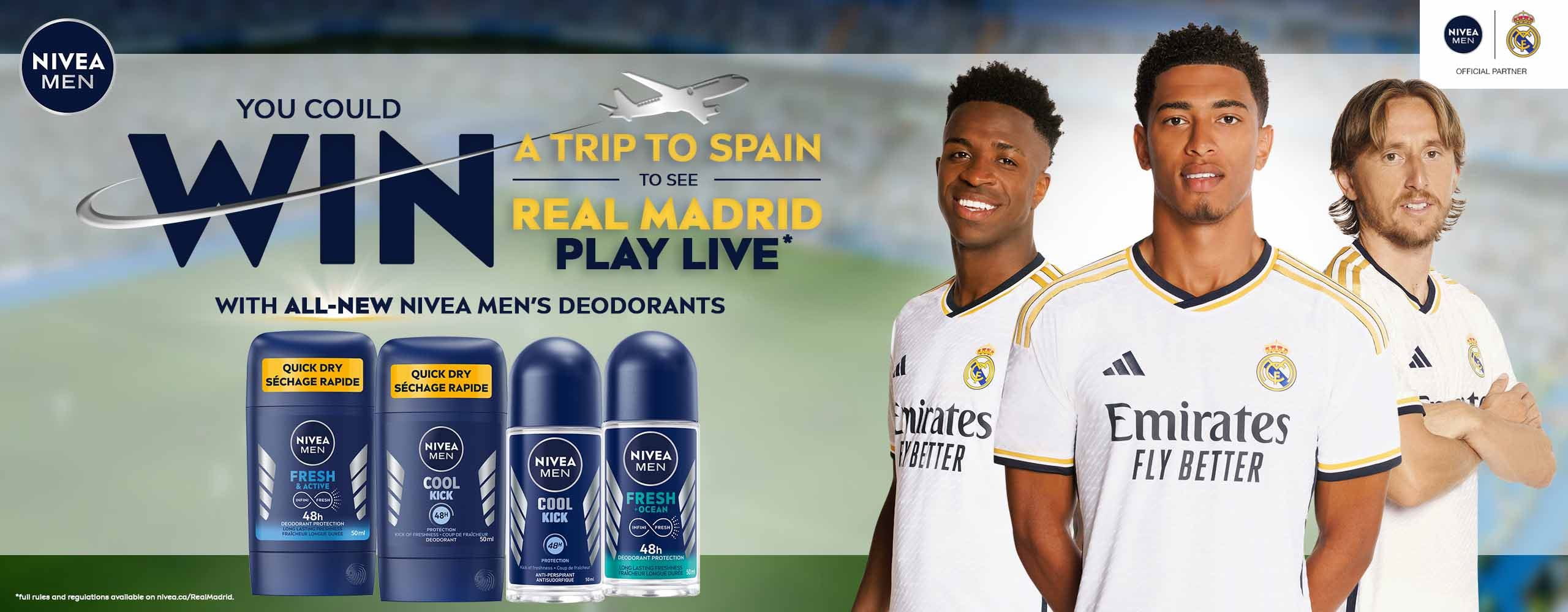 A view of three Real Madrid soccer players standing close to each other with four NIVEA MEN'S deodorant products shown to the left.