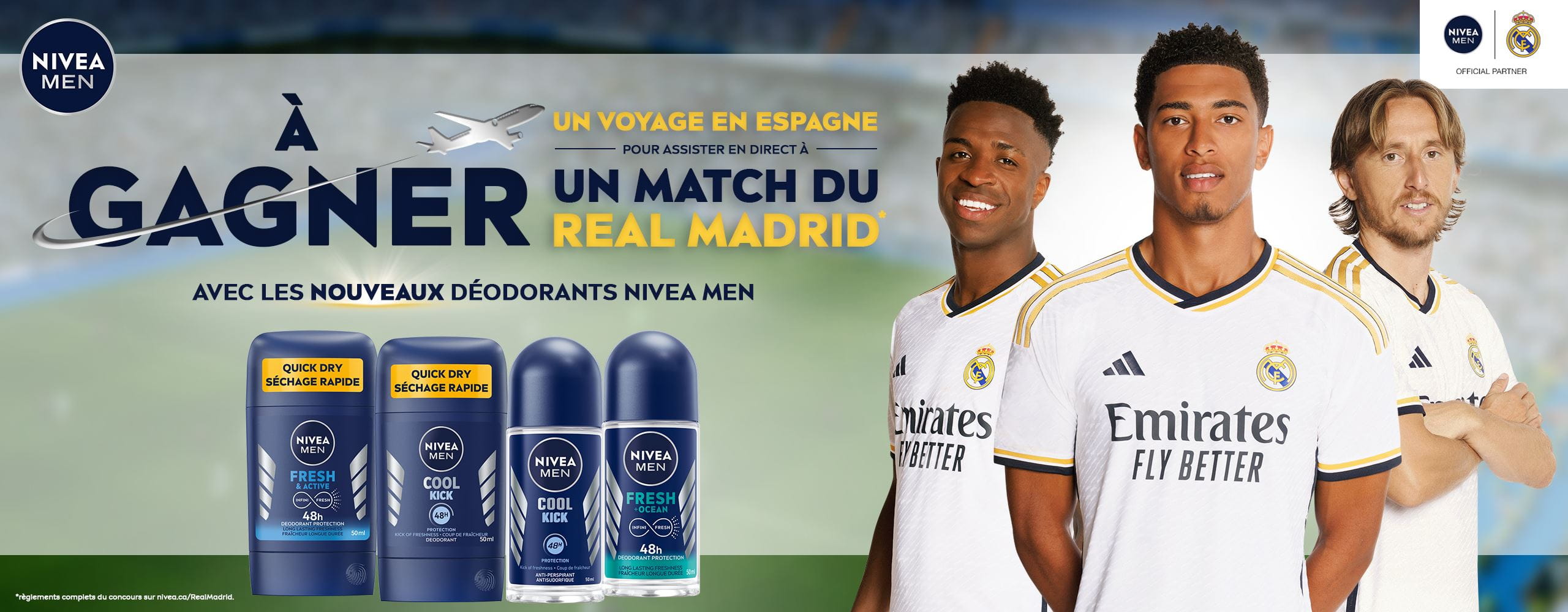Vue de trois joueurs de soccer du Real Madrid se tenant les uns à côté des autres, avec quatre déodorants pour hommes NIVEA MEN montrés à gauche.