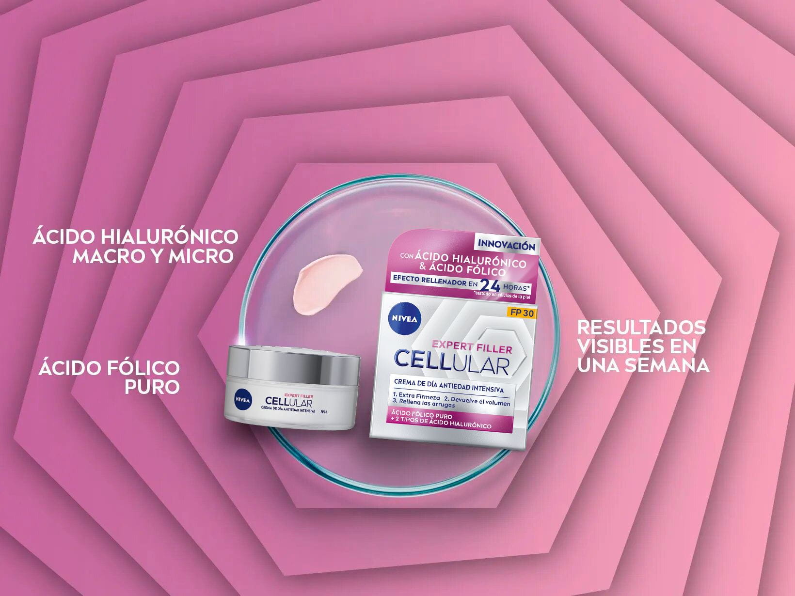 Envase de la crema de día antiarrugas con ácido hialurónico NIVEA Cellular Expert Filler