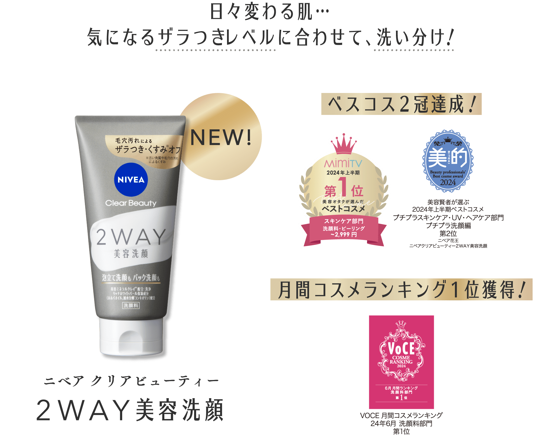 日々変わる肌・・・気になるザラつきレベルに合わせて、使い分け！ニベアクリアビューティー2WAY美容洗顔