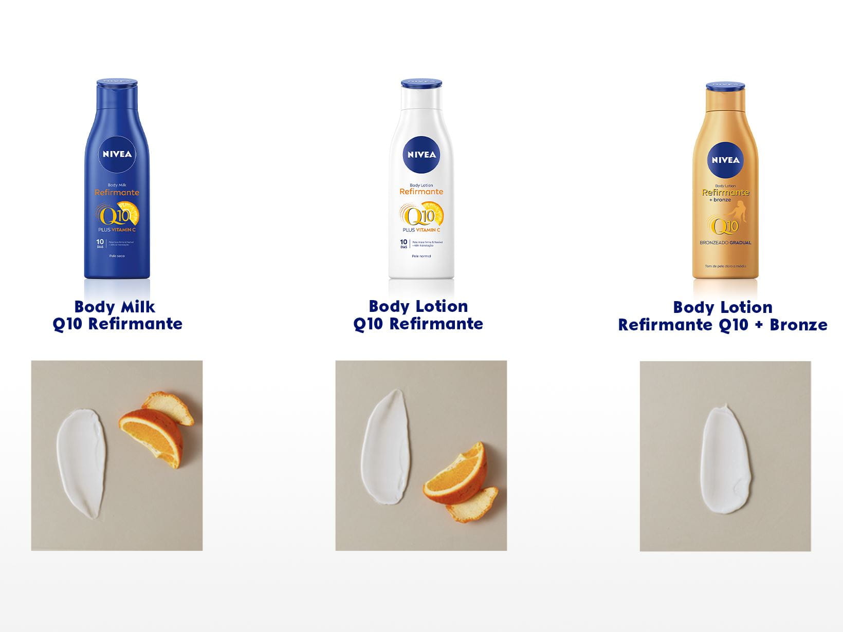 Os diferentes produtos refirmantes de NIVEA body lotion Q10