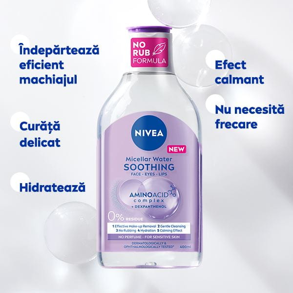 A bottle of NIVEA Micellar Water for Sensitive Skin lays on a purple bubble textured background.