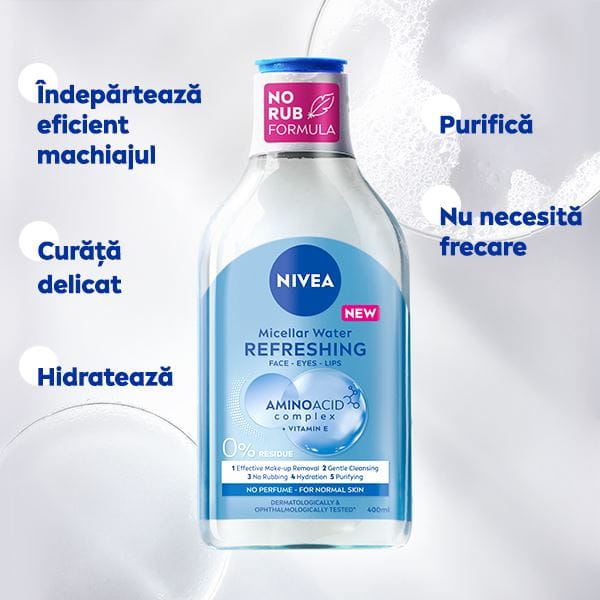 A bottle of NIVEA Micellar Water for Dry Skin lays on a red bubble textured background.