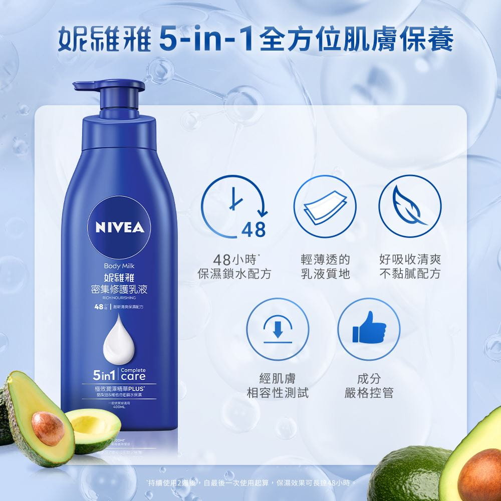 妮維雅5-IN-1全方位肌膚保養，48小時保濕鎖水配方、輕薄透乳液質地，好吸收清爽不黏膩