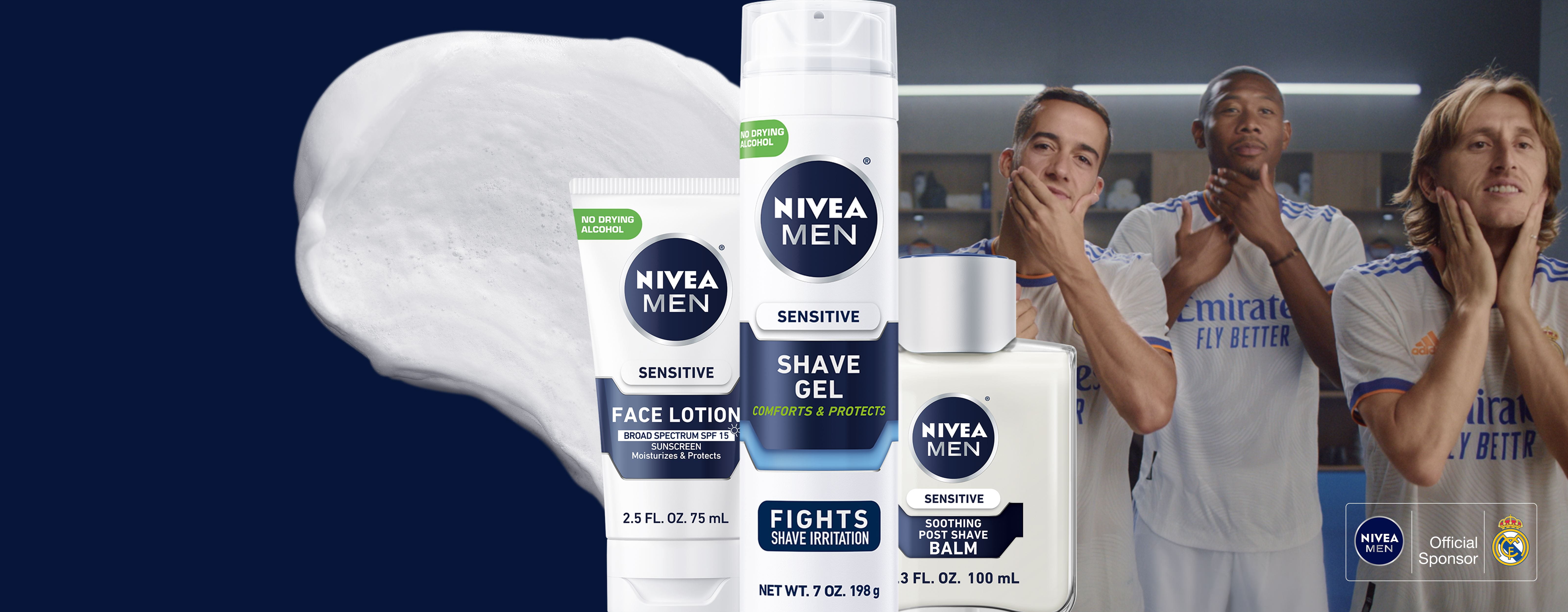 Three male members of the Real Madrid soccer team pose with Nivea Men Shave Gel and After Shave