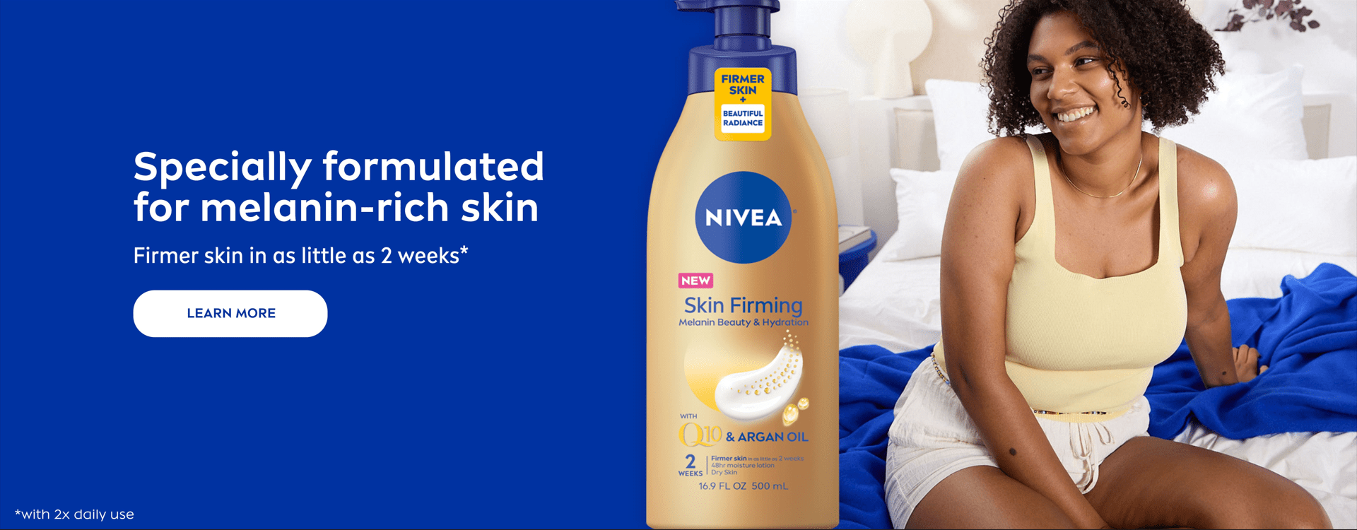 In the middle of the image, there is a bottle of Nivea Skin Firming Melanin Lotion, on the right side of the bottle is a young woman with melaninated skin smiling.  On the left side of the bottle is a blue background with text that reads "Specially formulated for melanin-rich skin.  Firmer skin in as little as two weeks.  (With twice daily use) 